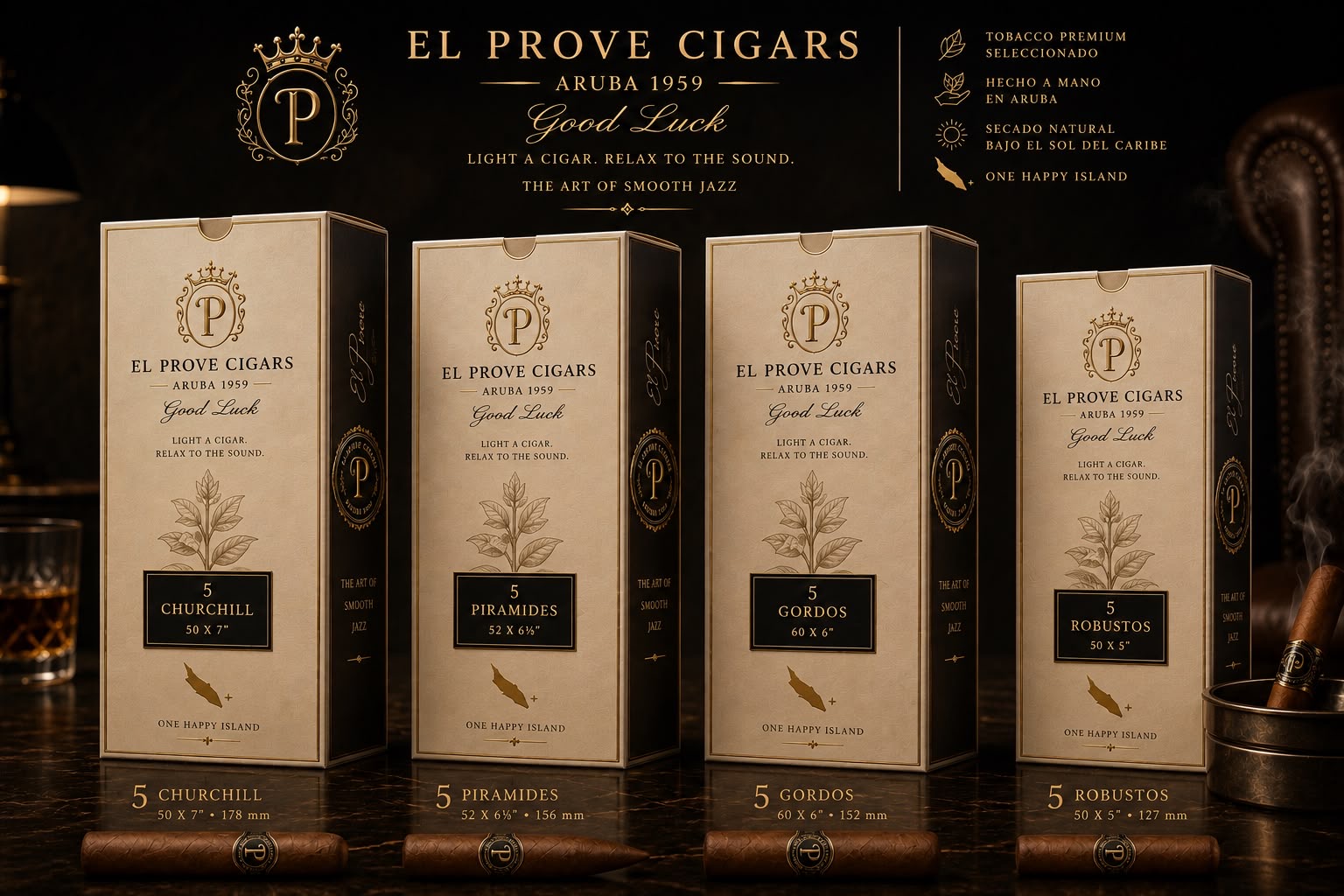 Four El Prove Cigars boxes in Churchill, Piramides, Gordos and Robustos formats