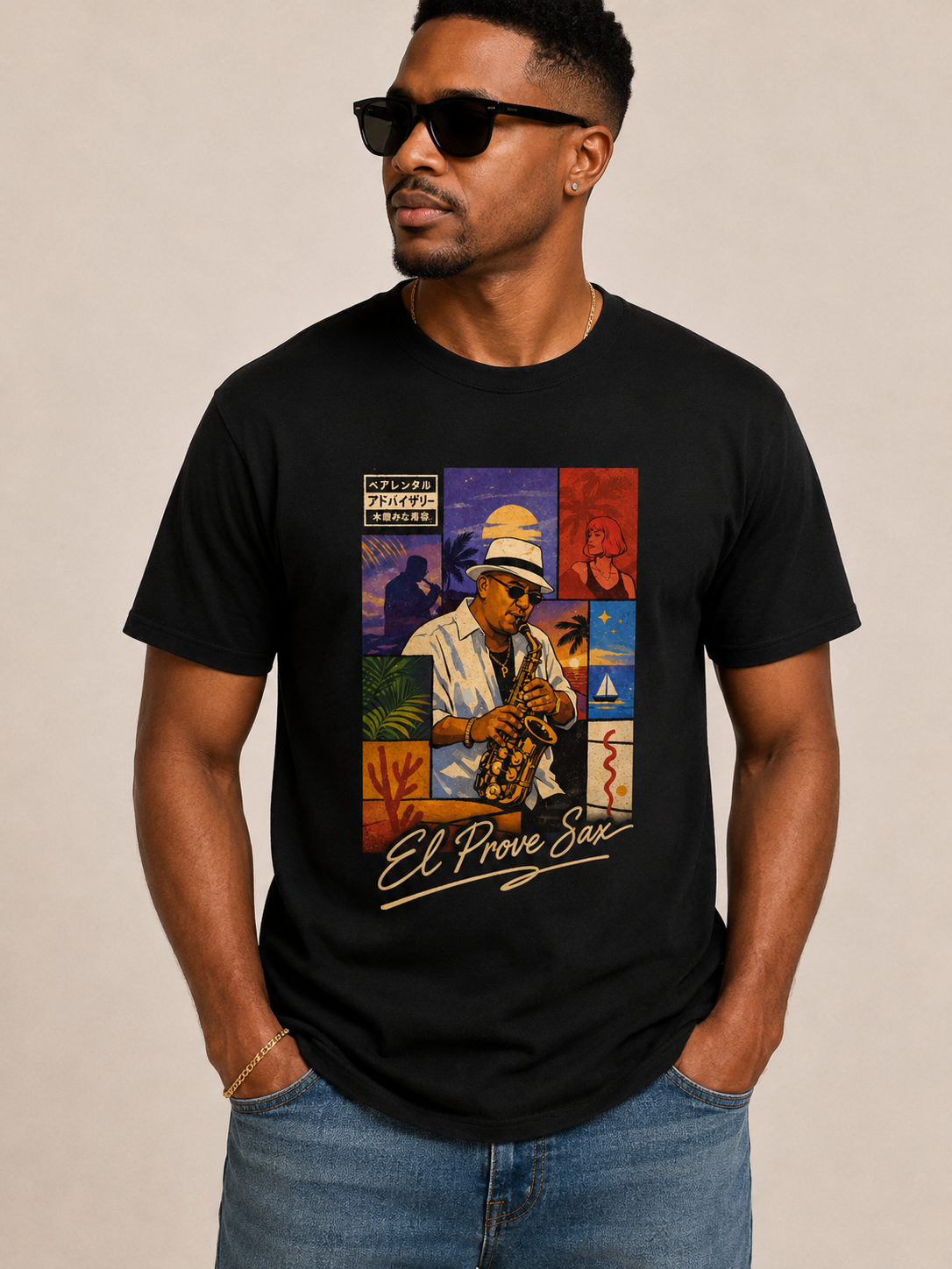 Black El Prove Sax 297 T-shirt front mockup with illustrated saxophone artwork