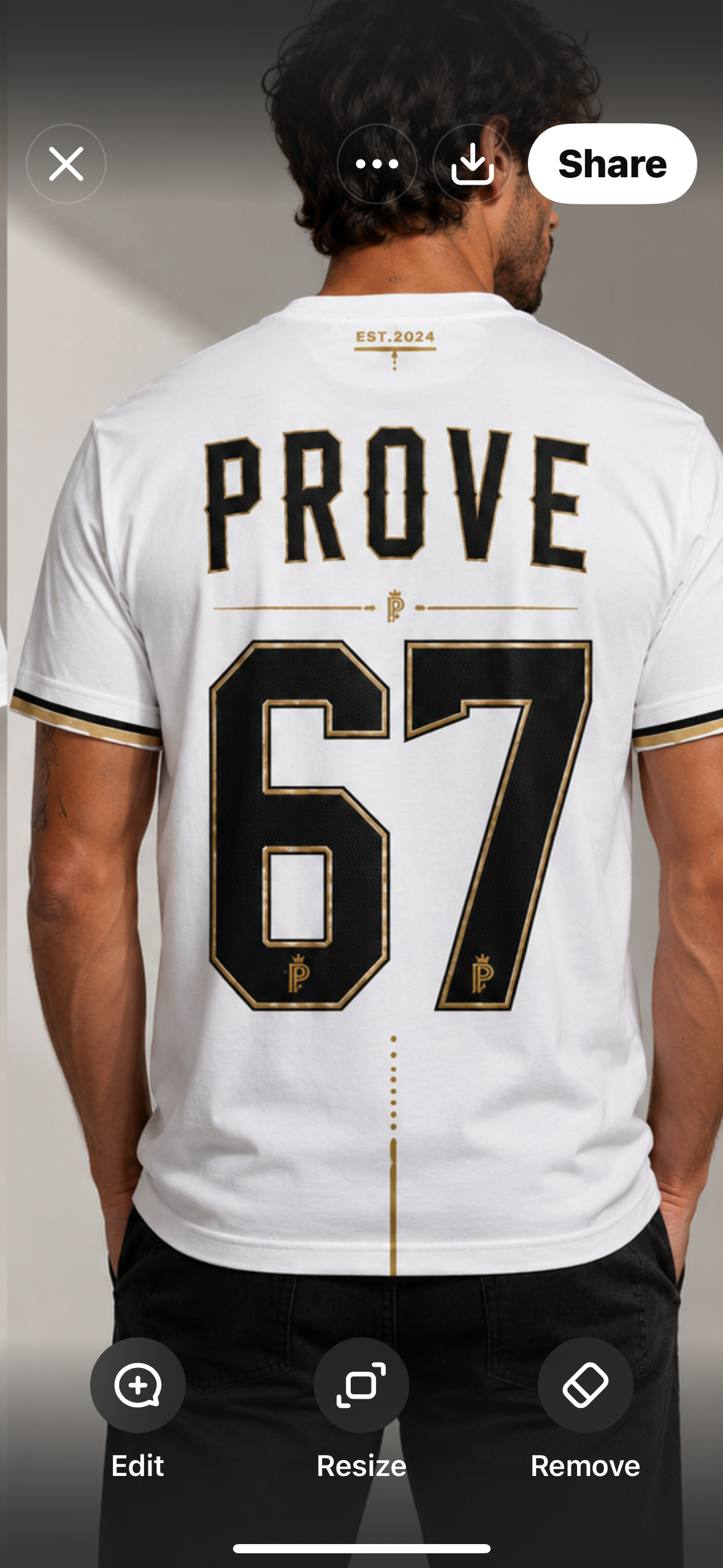 White El Prove 67 T-shirt back mockup with black and gold sports lettering